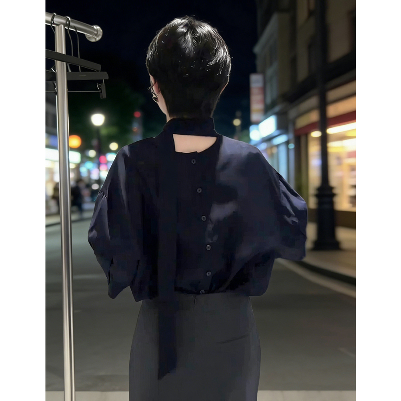 French-Style Chic Blouse for Women, 2026 New Spring Collection, Stand Collar with Ribbon, Reversible, High-End Shirt