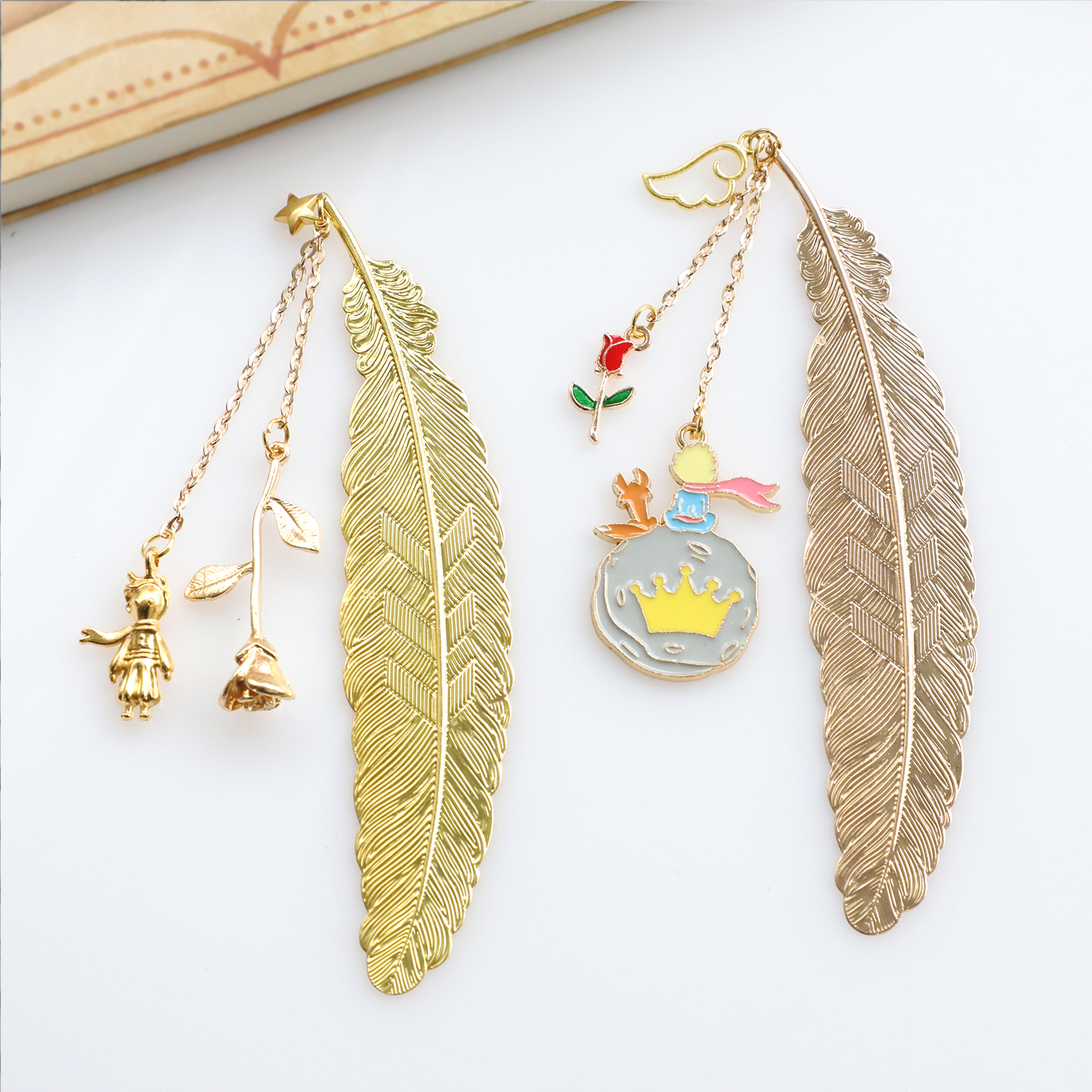 The little prince's rose bookmark around Valentine's Day gift metal students with boys and girls leaves and feathers
