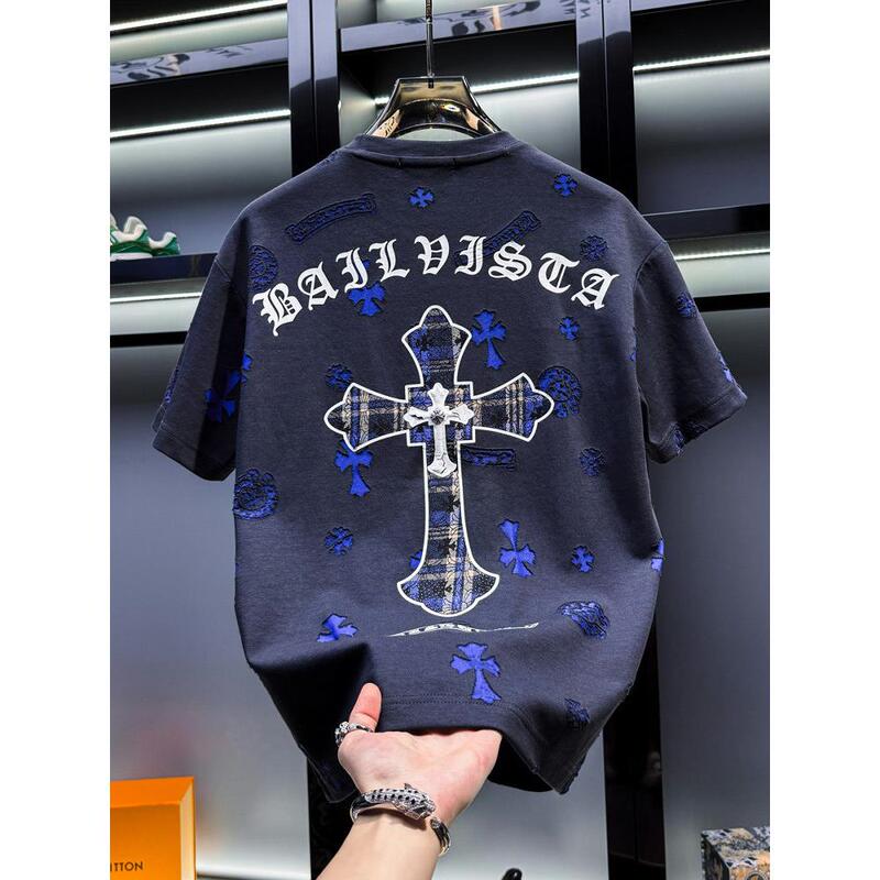 European and American Imported Quality ~ High-End Distressed Rhinestone Short-Sleeve T-Shirt for Men, New Summer Trendy Brand, Loose and Light Luxury Half-Sleeve European and American Imported Quality ~ High-End Distressed Rhinestone Short-Sleeve T-Shirt for Men, New Summer Trendy Brand, Loose and Light Luxury Half-Sleeve