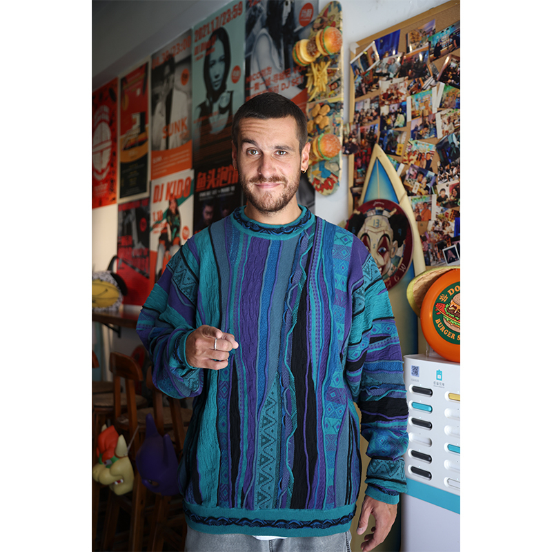Limited Edition Medria 2022 Blue-Green Retro Sweater Pop Art Bitter Melon Stripes Ethnic Style Pullover Couple Sweater
