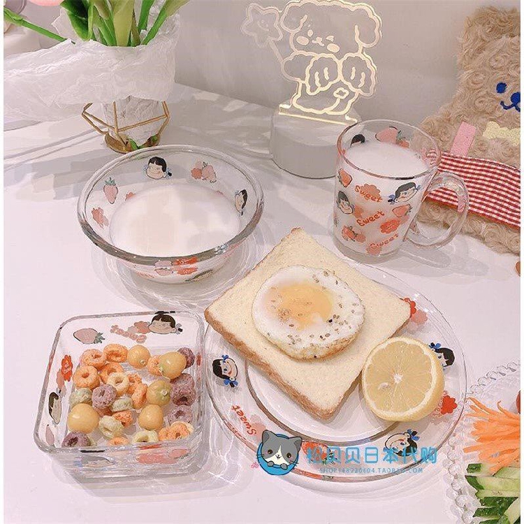 Japan imported hapins fruit salad bowl milk cup transparent glass bowl glass plate girl heart tableware