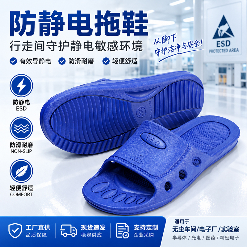 Esd Anti-Static Slippers for Women, Pu Soft Sole, Comfortable, Thickened, Breathable, Dust-Free Workshop, Electronics Factory, Blue Work Shoes for Men
