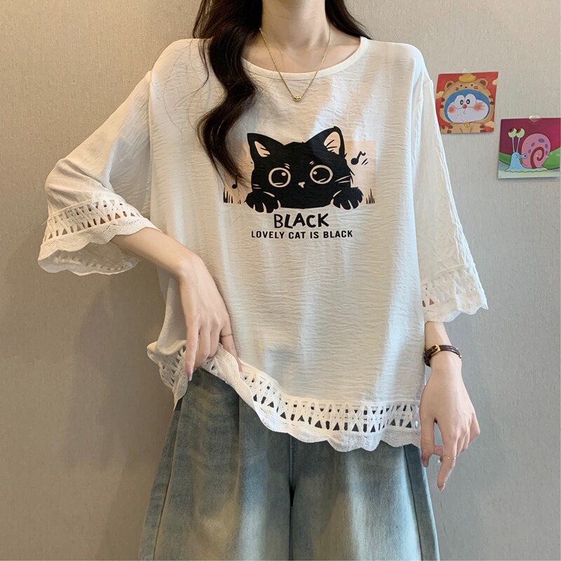 Lace Crochet Short-Sleeve T-Shirt for Women, Summer Base Shirt, Slightly Plus Size, m Large Size, Stylish Design, Slimming Top