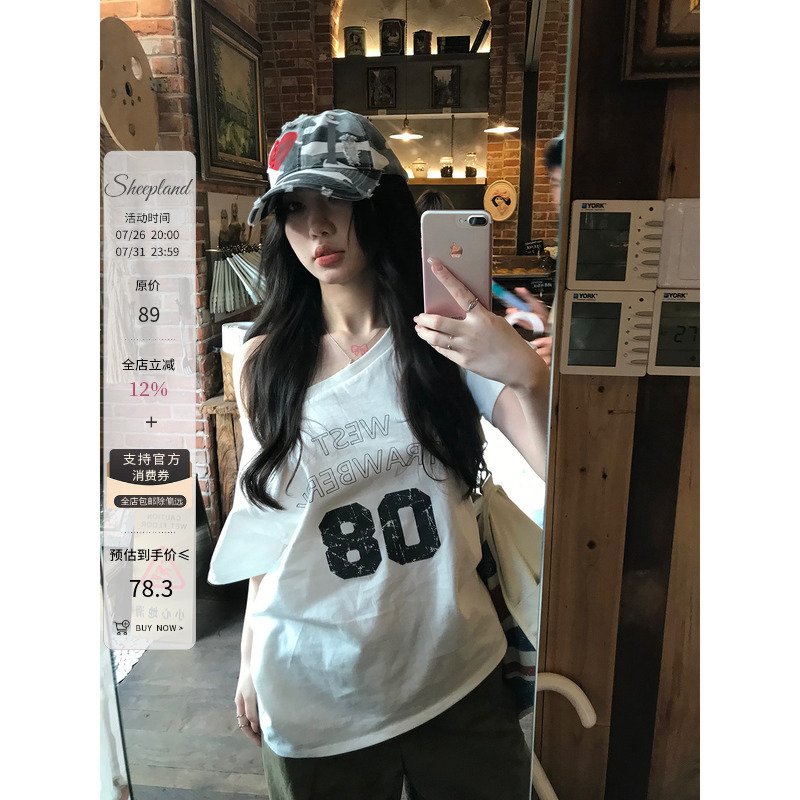 Sheepland American Style Spicy Girl Off-Shoulder Letter Print Short-Sleeve T-Shirt for Women, Summer One-Shoulder/Shoulderless Two-Way Top