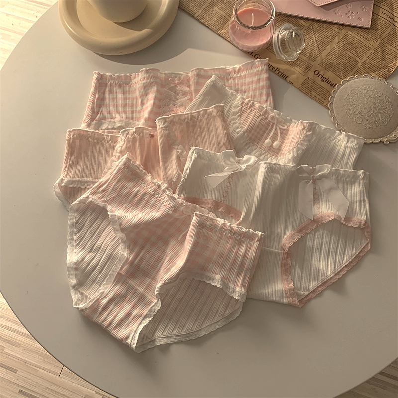Pure Desire Pink Girl's Underwear Women's Summer Thin Cotton Sexy Lace Ladies' All-Cotton Mid-Waist Seamless Breathable