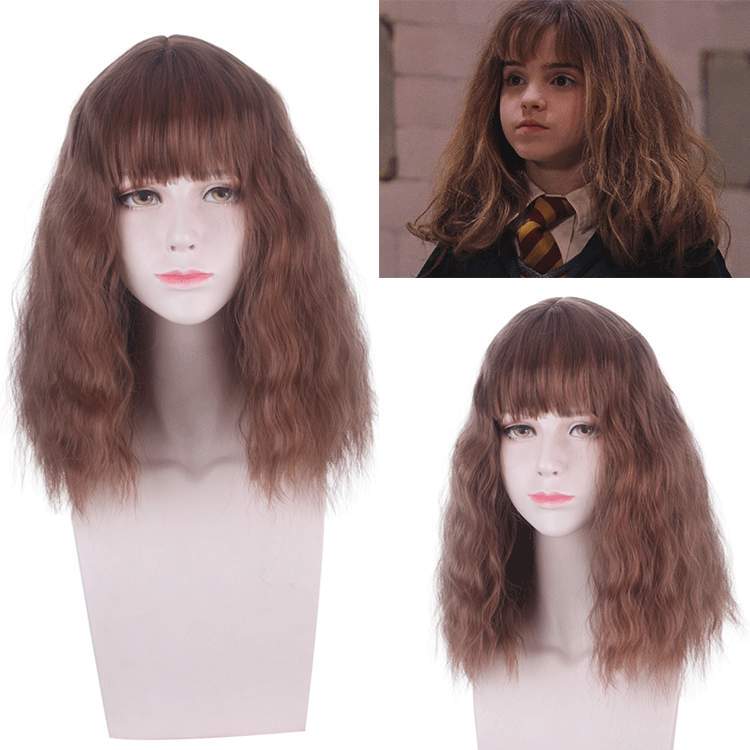Harry Potter Hermione Brown Corn-Curly Medium-Length Hair Long Curly Hair with Air Bangs Fake Hair Cosplay Wig