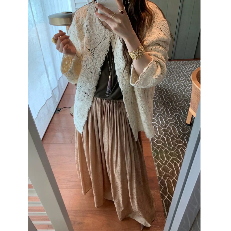 S | White/Green Spiral Swirl Pattern Handmade Crochet Hollow-Out Three-Dimensional Paisley Knit Cardigan Jacket/Pullover Sweater