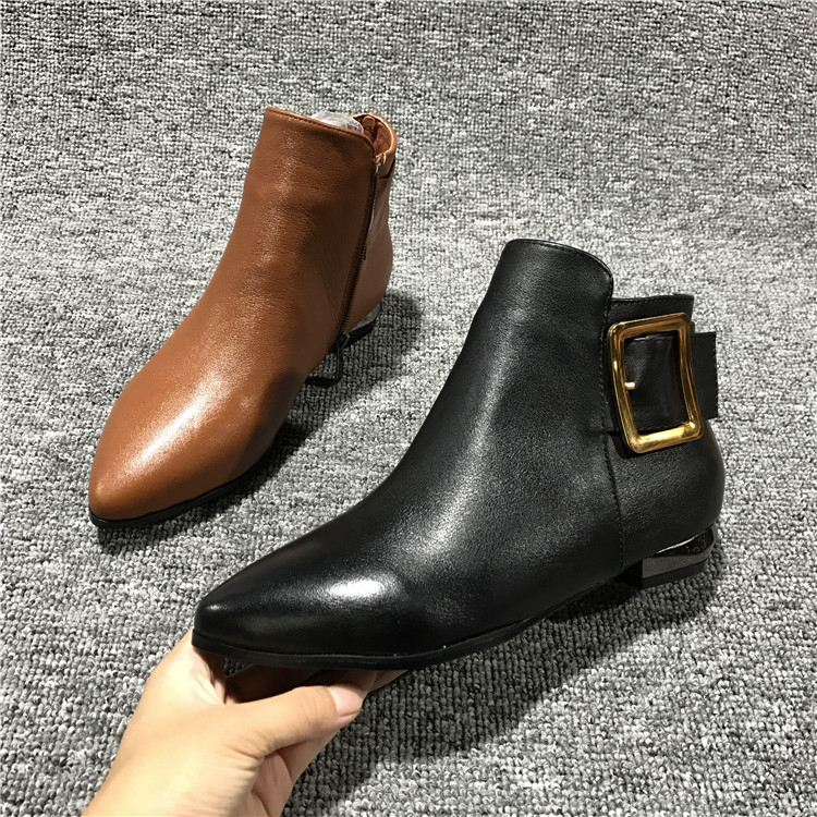 Autumn and winter 2019 new special price factory leather broken code pointy side zipper cowhide buckle British flat women's ankle boots - Taobao