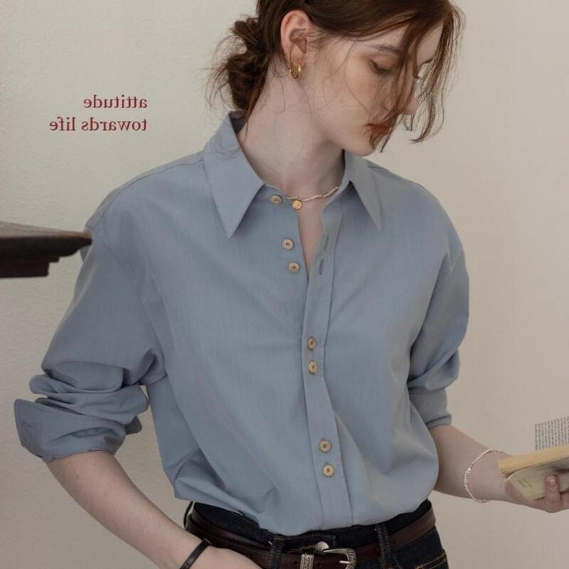 Suede-Like Wrinkle-Free Rose Black Shirt for Women, Long-Sleeved French Style New High-End Commuter Anti-Wrinkle Blue Shirt Top