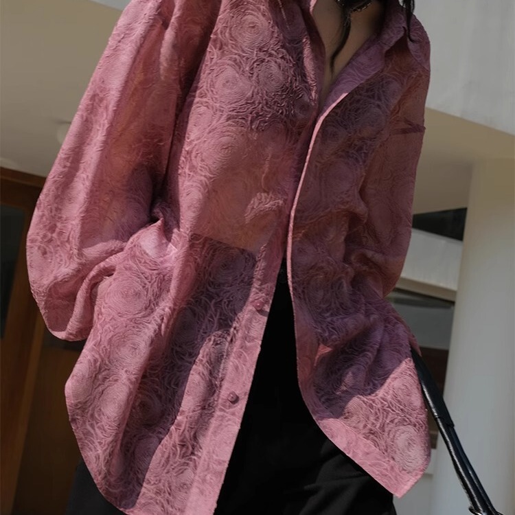 Retro High-End Slightly See-Through Embossed Rose Red Long-Sleeved Shirt for Women Spring and Summer New Style Chic and Beautiful Sun Protection Shirt Top