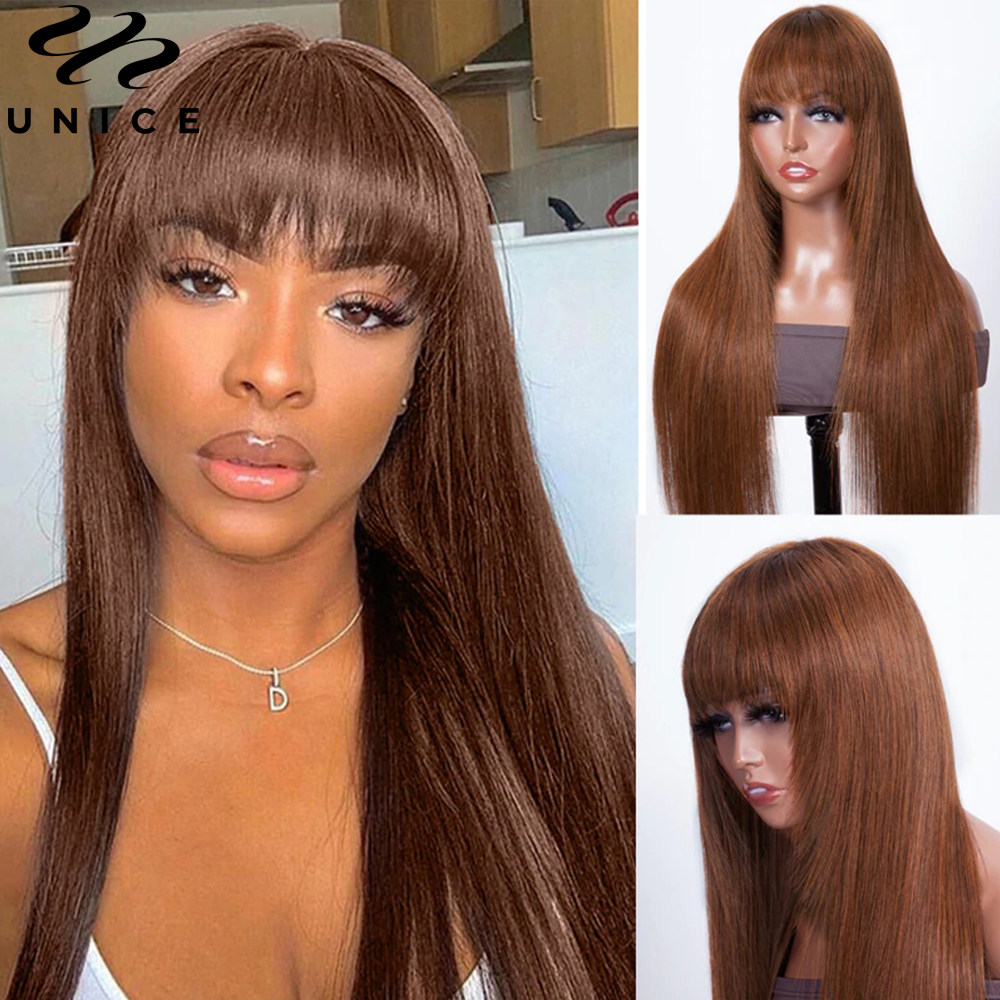 UNice Brown Yaki Straight Layer Cut Human Hair Wig with Bang  display picture 3