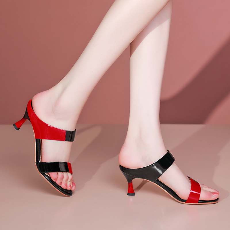 High-Heeled Sandals for Women, Stiletto Heels, Summer Outer Wear, Half-Slip, Mid-Heel, Genuine Leather, Color-Blocked, Open-Toe Shoes, Versatile Fashion Shoes