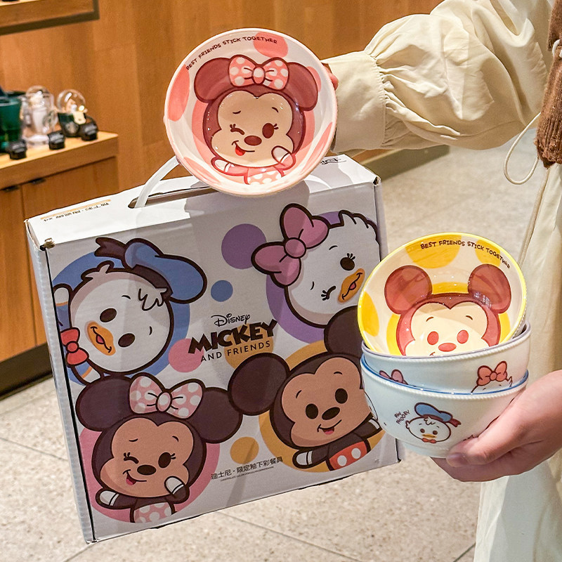 Cute Disney Co-Branded Mickey and Minnie Couple Ceramic Rice Bowl Tableware Gift Box Set Housewarming Gift