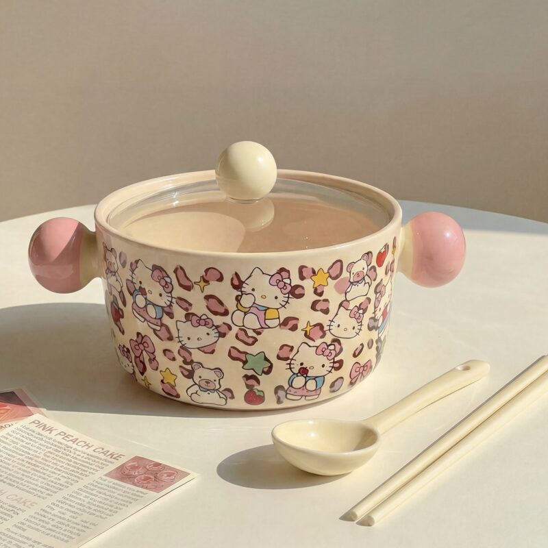 Cute Leopard Print Cat Ceramic Noodle Bowl with Lid and Spoon, Large Capacity Rice Bowl for Dormitory Students Cute Leopard Print Cat Ceramic Noodle Bowl with Lid and Spoon, Large Capacity Rice Bowl for Dormitory Students