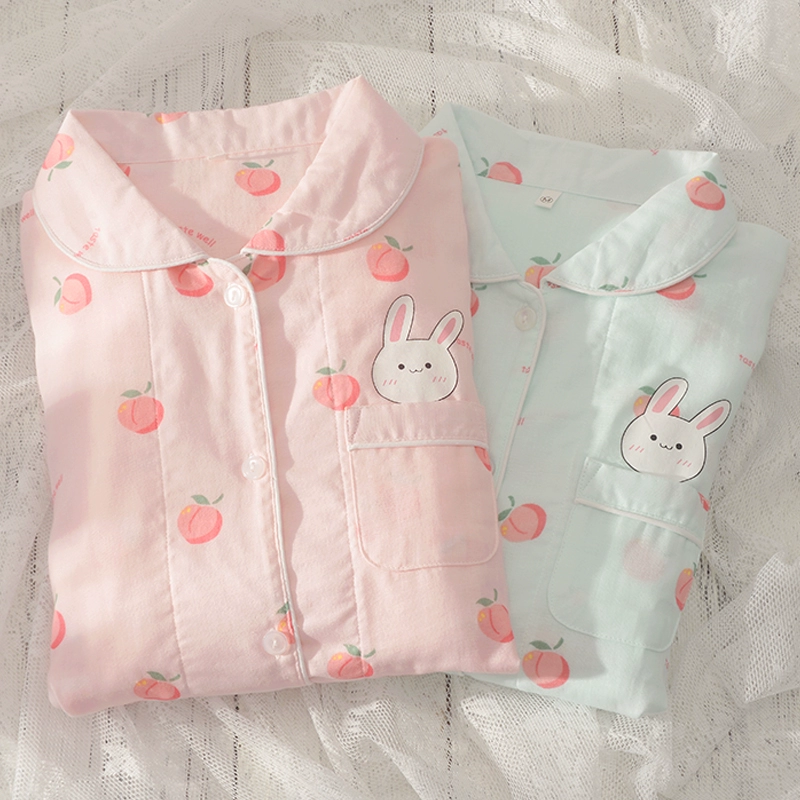 Bộ đồ ngủ bằng vải cotton tinh khiết phụ nữ mùa hè mỏng hai mảnh phù hợp với thỏ dễ thương Sinh viên Nhật Bản dài tay bộ đồ phục vụ tại nhà - Giống cái