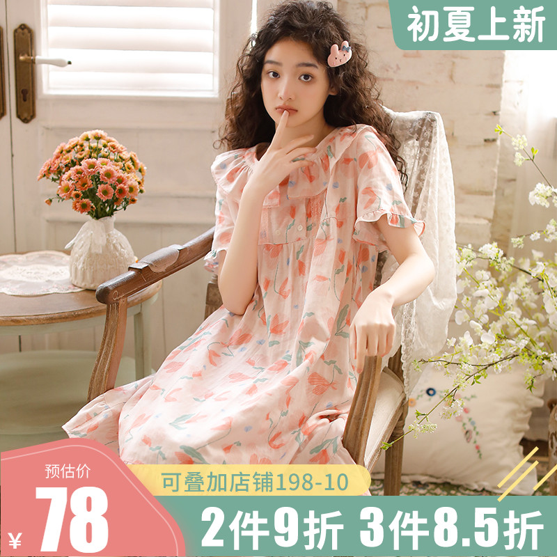 Summer Girls Pure Cotton Double Layer Gauze Sleeping Skirt Day Ensemble Sweet floral short sleeve headsets for long version casual home dress