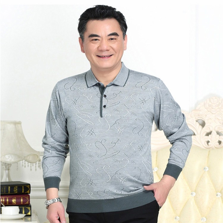 Cotton Daddy 40-50 tuổi 60 nam trung niên áo thun dài tay mùa thu ông nội váy áo có túi áo polo nam