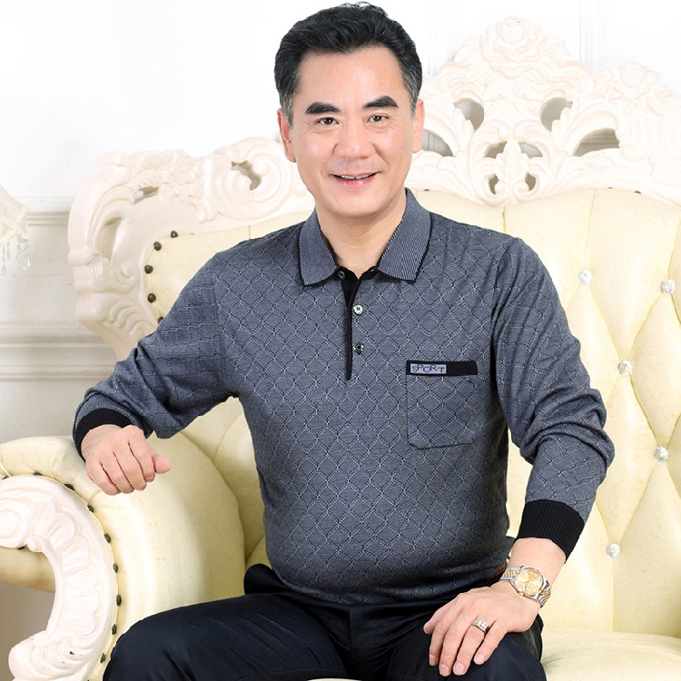 Cotton Daddy 40-50 tuổi 60 nam trung niên áo thun dài tay mùa thu ông nội váy áo có túi áo polo nam