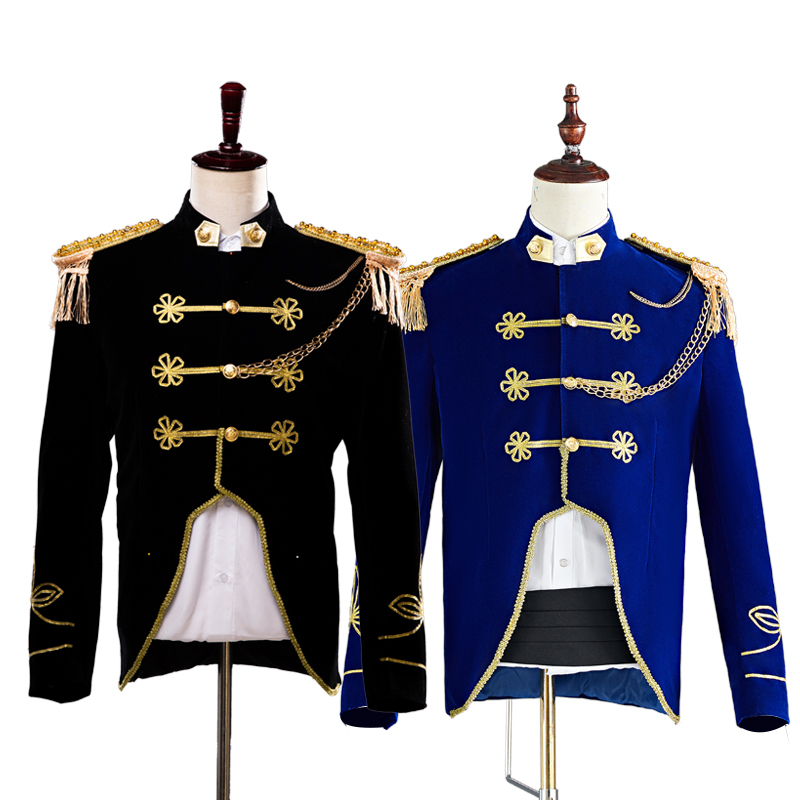 New 2022 Blue and Black European-Style Court Costumes for Stage Drama Performances, Men's and Women's Drum Band Uniforms, Nightclub Dresses