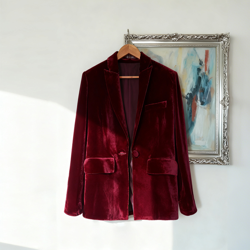 Silk Velvet Blazer, Solid Color Slimming Mid-Length Blazer