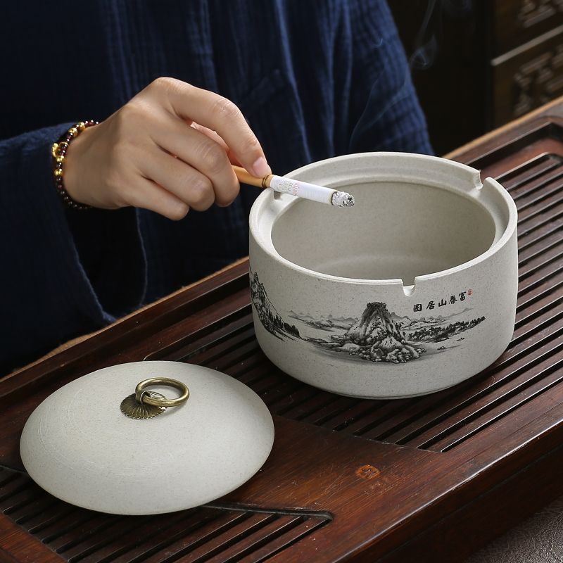 Coarse Pottery Ashtrays Large smoke cylinder Creative decorations Chinese custom with cover ashtray Living room Home Dust-proof Smoke cylinders-Taobao