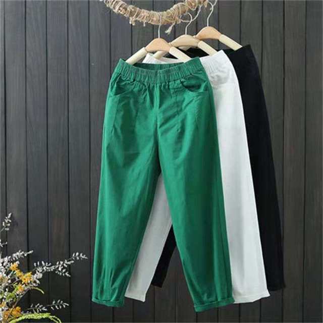 Summer plus size cropped trousers for women, ບາງ elastic waisted slimming trousers ສໍາລັບແມ່ຍິງ, trousers ຂາຊື່ສໍາລັບຕີນຂະຫນາດນ້ອຍ, ເກົ້າຈຸດກິລາກາງແຈ້ງ.