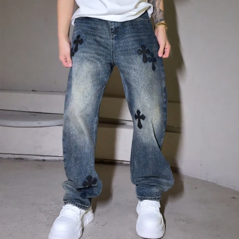 American Street Style Cross Jeans for Men, Loose Straight-Leg Washed Versatile Trendy Scimitar Pants, 2026 New Model