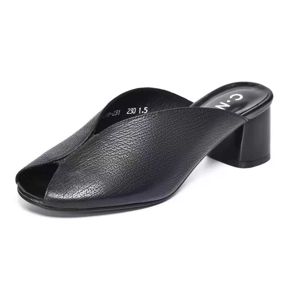 Sandal da thật hở mũi nữ gót vừa mũi kín thời trang — Màu đen chi tiết 8