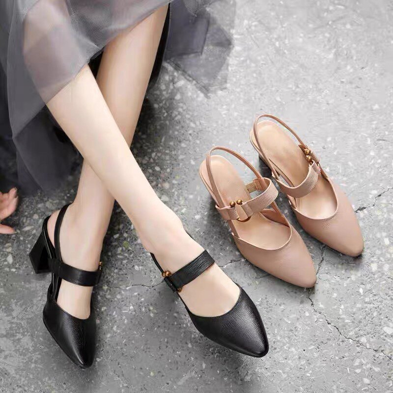 Sandal cao gót nữ mũi nhọn da thật gót vuông 7 cm quai ngang — Màu Mơ (7 cm) chi tiết 1