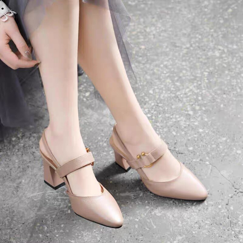 Sandal cao gót nữ mũi nhọn da thật gót vuông 7 cm quai ngang — Màu Mơ (7 cm) chi tiết 6