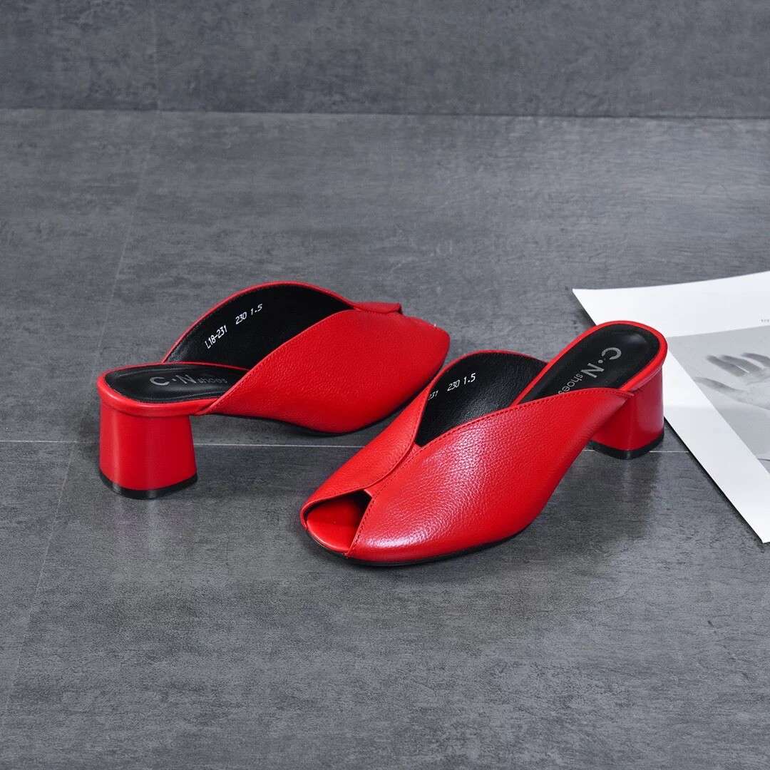 Sandal da thật hở mũi nữ gót vừa mũi kín thời trang — Màu đen chi tiết 7