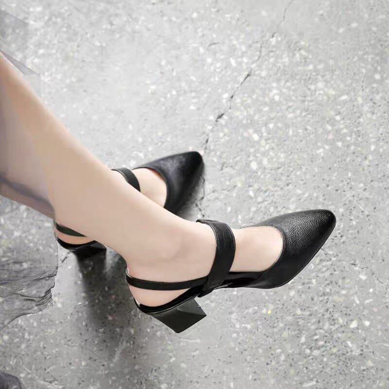 Sandal cao gót nữ mũi nhọn da thật gót vuông 7 cm quai ngang — Màu Mơ (7 cm) chi tiết 7