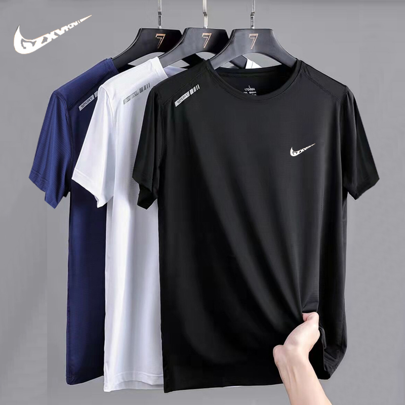 Outlet premium ice sports short sleeve t-shirt men's summer thin ice silk quick drying loose plus size crew neck