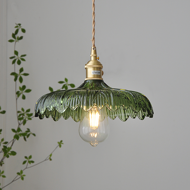 Ins style Japanese Nordic single-head glass flower chandelier Retro brass small fresh bar porch dining chandelier