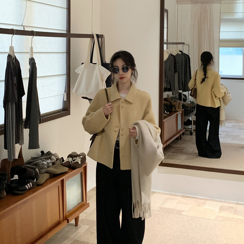 Brivin Korean Style Yellow Wool Double-Sided Short Woolen Coat for Women 2026 Autumn and Winter Petite Slimming Coat