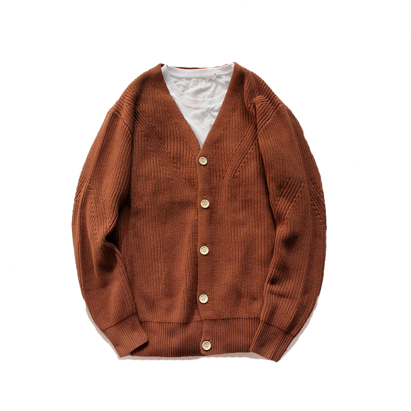 Nặng dày rắn Aramco Vintage rửa bông knitsweater dày V-cổ rắn màu dính kim áo len cardigan.