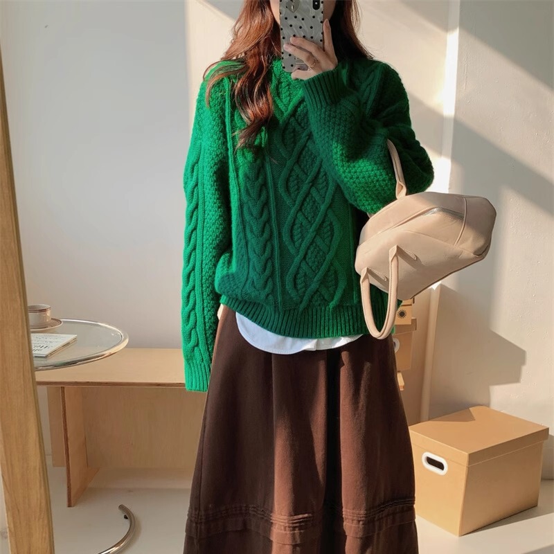 Christmas Retro Forest-Style Green Thick Round-Neck Pullover Chunky Cable Knit Lazy Style Autumn and Winter Loose Outerwear Sweater for Women