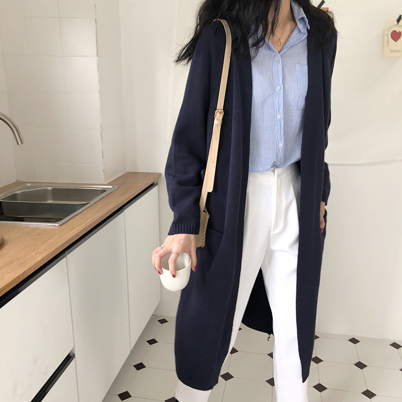 Korean Style Loose Over-The-Knee Blue Versatile Sweater, Lazy Style Retro Knitted Cardigan, Mid-Length Outerwear for Women