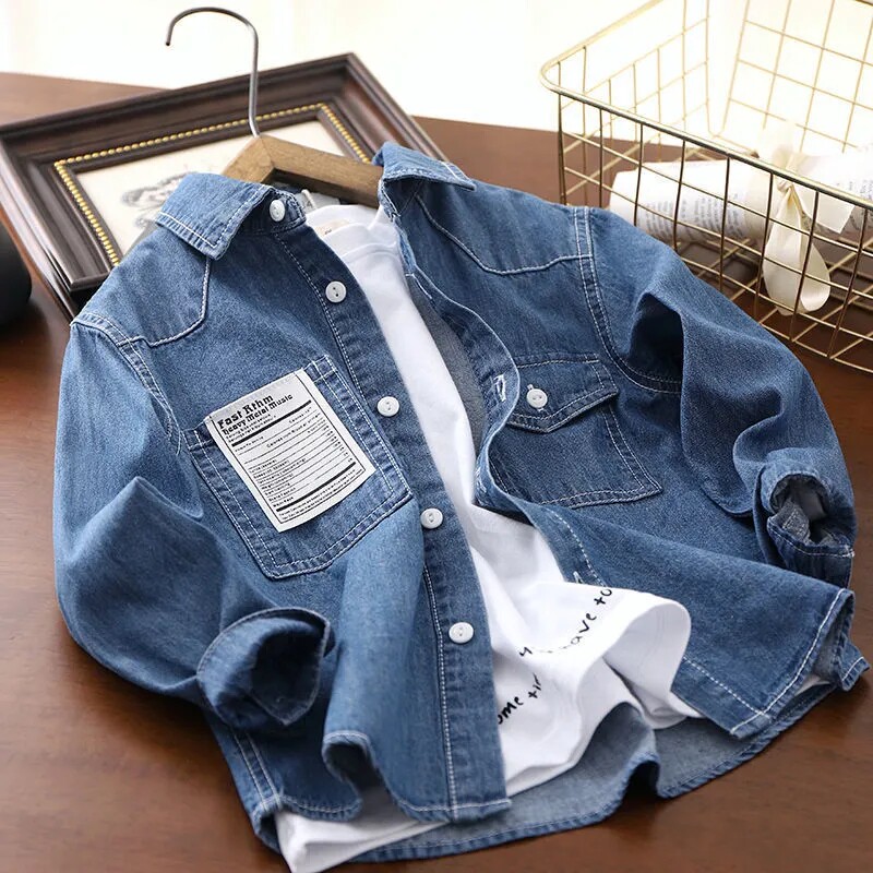 Children's clothing 2022 new children Spring fit long sleeve shirt boy denim jacket baby lining clothes for spring and autumn