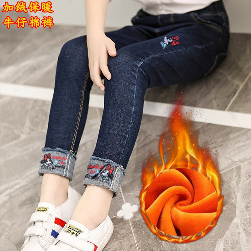 Cô gái cộng với quần nhung dày denim mùa đông trẻ em quần ấm trẻ em Mặc quần dài trẻ em cotton dài thủy triều cửa hàng quần áo trẻ em