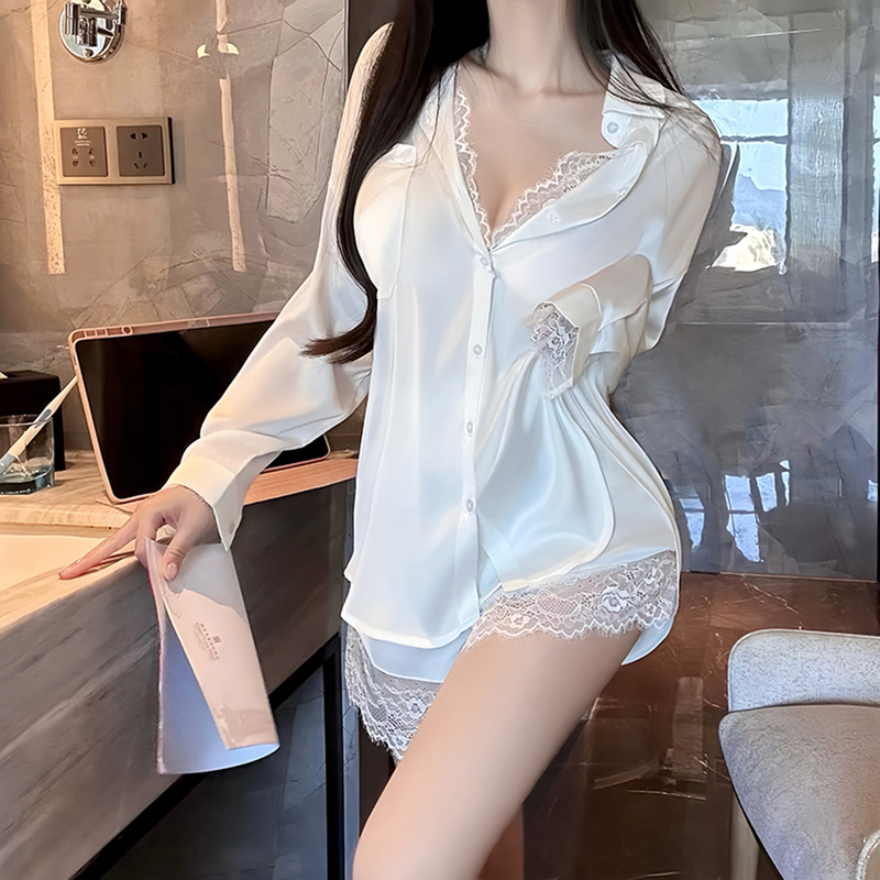 Lace-Trimmed Shirt with a Turn-Down Collar, Long Sleeves, Loose Mid-Length Top, Silky and High-End Feel, Boyfriend Style, Sexy Outfit