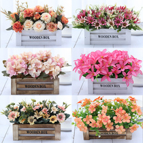 Living room decoration wooden fence Plastic fake flower pot planting ornaments Bedroom dining table tea table decoration Silk flower simulation floral art