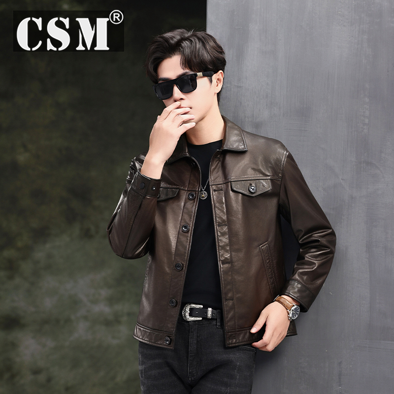 2026 New Men's Genuine Leather Jacket, First Layer Sheepskin, Short Style, Turn-Down Collar, Slim Fit, Fashionable and Stylish Coat