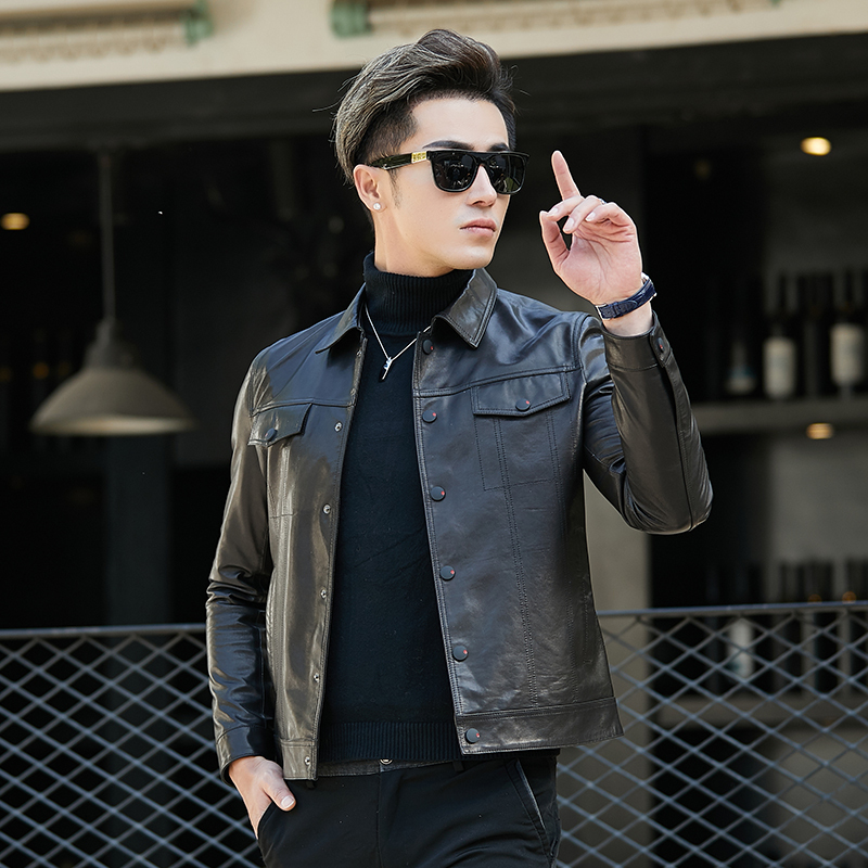 Haining Genuine Leather Jacket for Men, First Layer Goat Leather Jacket, Korean Style, Stylish Lapel Biker Jacket, Casual Short Jacket, Trendy Haining Genuine Leather Jacket for Men, First Layer Goat Leather Jacket, Korean Style, Stylish Lapel Biker Jacket, Casual Short Jacket, Trendy