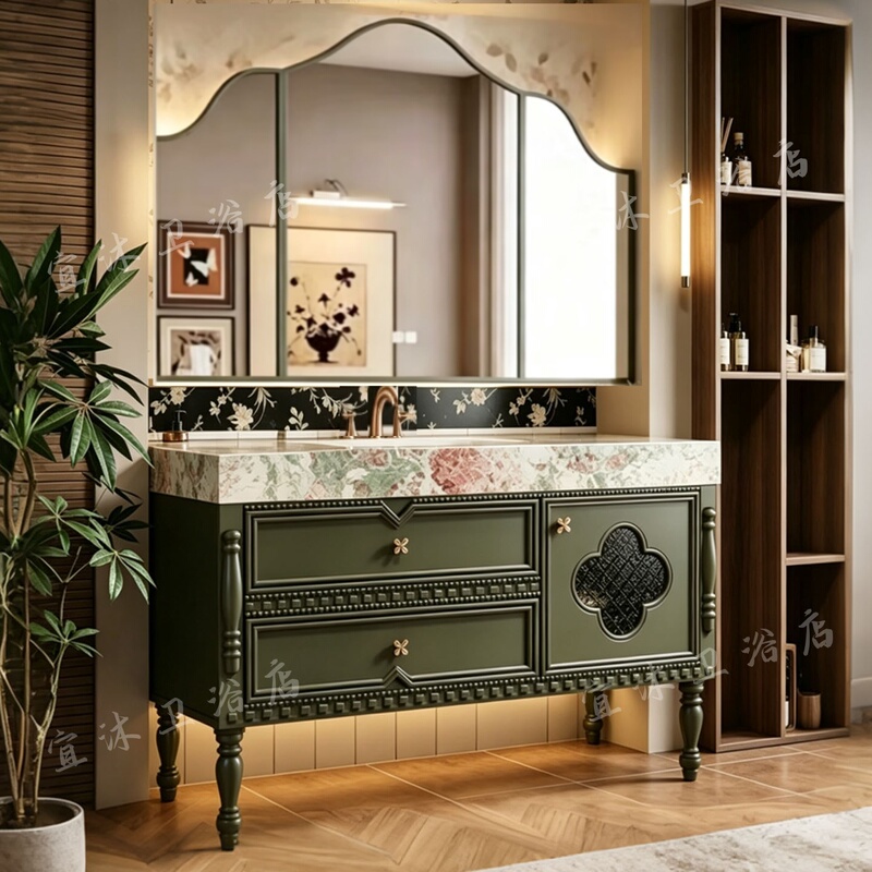 French-Style Vintage Oak Floor-Standing Bathroom Cabinet Set, American-Style Bathroom Vanity with Sink and Washbasin