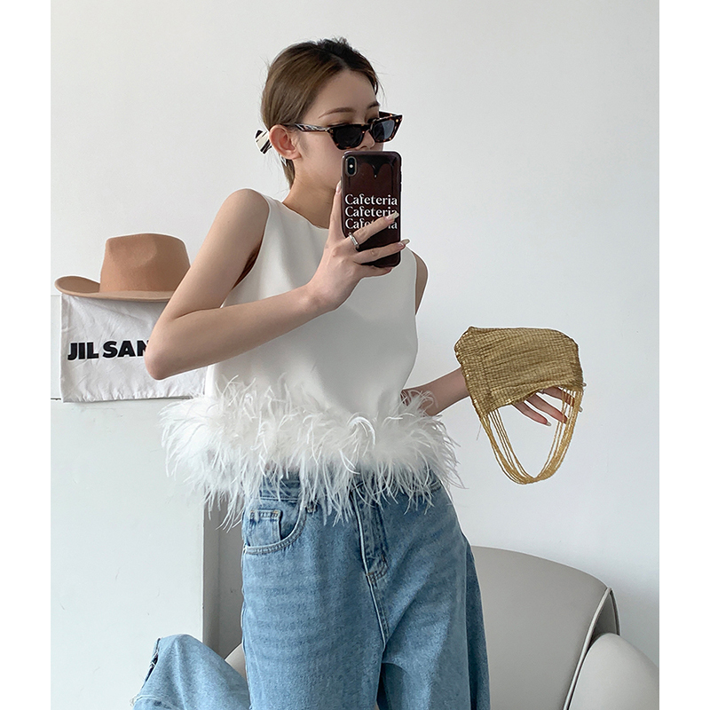 White Ostrich Feather Vest for Women, Summer Design, Niche Socialite Style, Chanel-Inspired, Slimming, Elegant, Sleeveless Feather Top