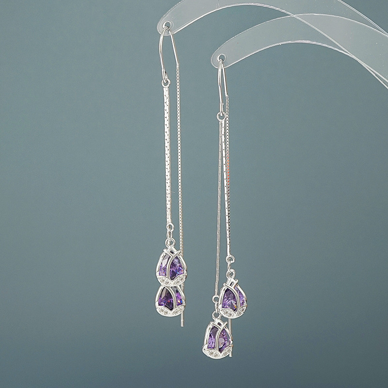 2021 new trend pure silver earring round face slim purple personality long version of the stream Su temperament network ear accessories