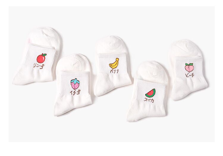 Vớ Hàn Quốc nữ thêu trái cây màu trắng vớ vớ cotton thể thao vớ mùa thu và mùa đông - Vớ bông tất dài qua đầu gối cho nữ