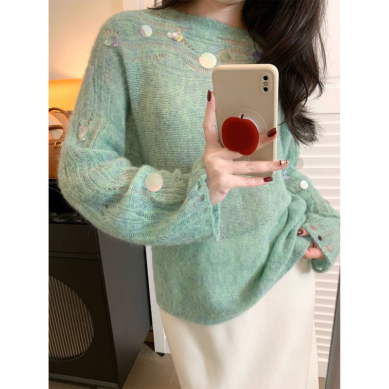 Green/White Alpaca Wool + Sheep Wool Sweater for Women, Sleeves with Sequins, Designer Hollow-Out Long-Sleeve Knitwear