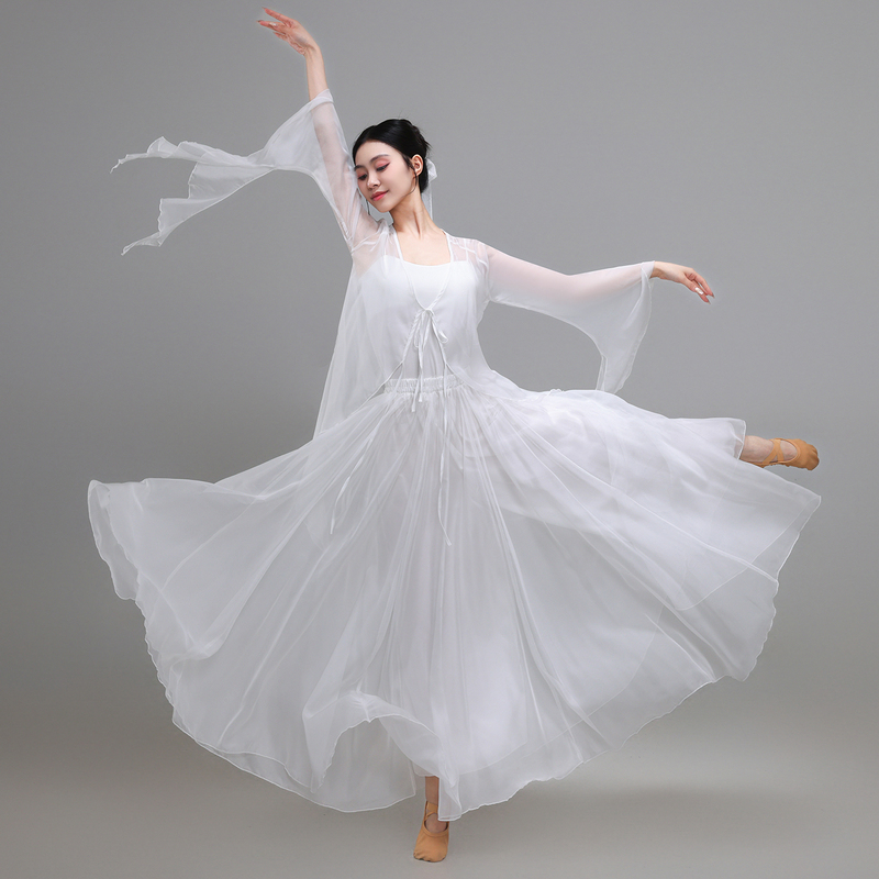 Classical Dance Costume, Ethereal White Gauze Dress, Chinese Dance Practice Outfit, Flowing 720-Degree Large Skirt, Performance Stage Costume